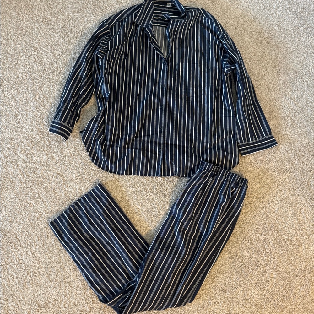 Uniqlo Dark Navy Blue and White Striped Pajama Set